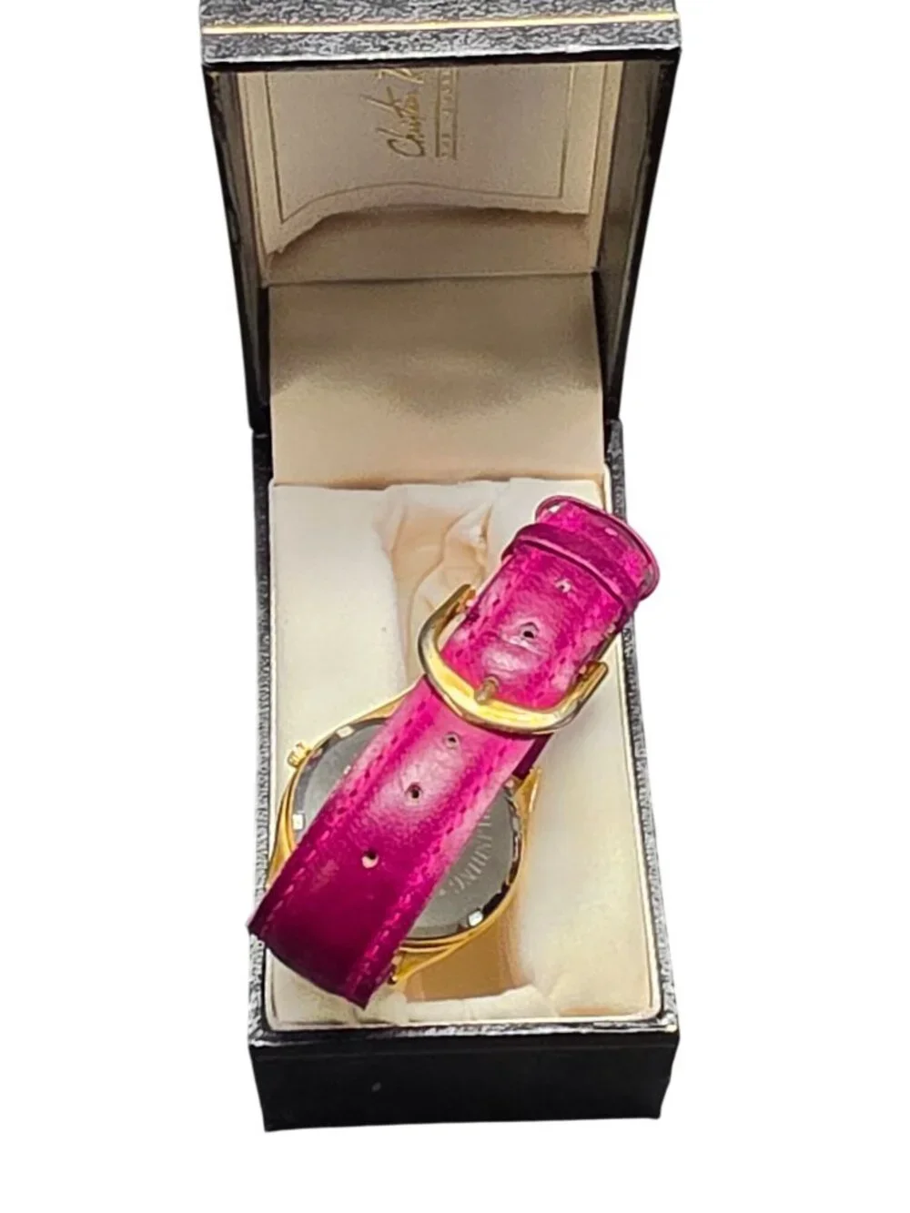 Vintage Christian Riese Lassen Dolphin Watch Pink Leather Band Original Box